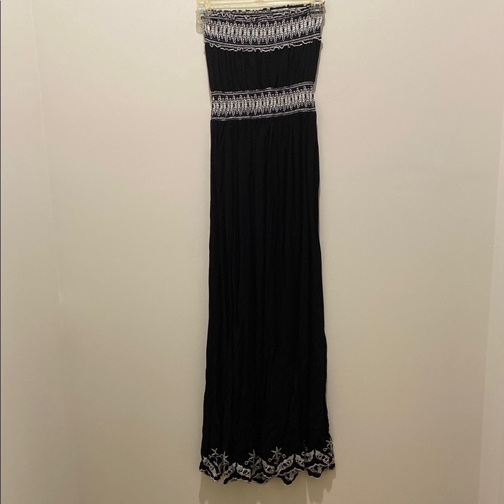 Black Strapless Maxi Dress with White Embroidery